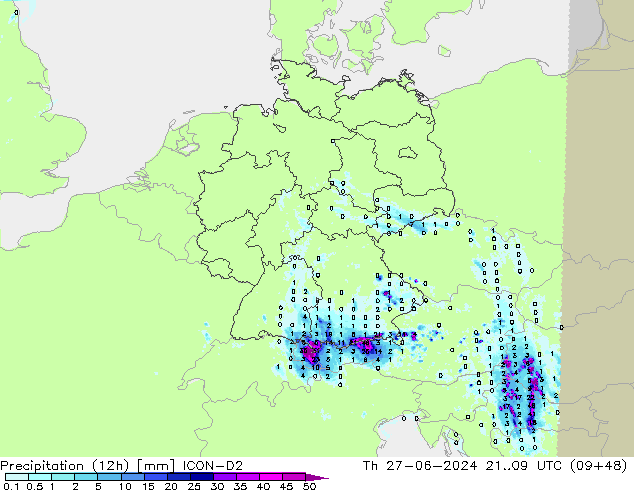 Precipitação (12h) ICON-D2 Qui 27.06.2024 09 UTC