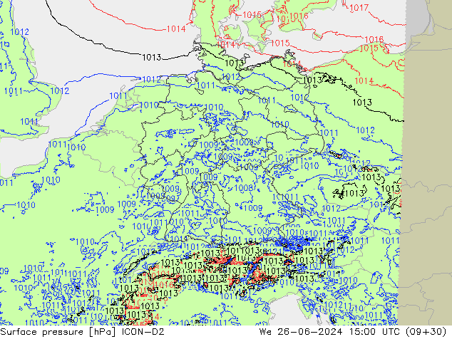 Surface pressure ICON-D2 We 26.06.2024 15 UTC