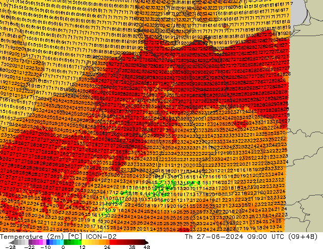 Temperature (2m) ICON-D2 Th 27.06.2024 09 UTC