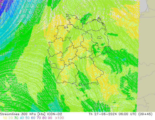 Streamlines 300 hPa ICON-D2 Th 27.06.2024 06 UTC