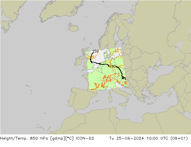 Height/Temp. 850 hPa ICON-D2 mar 25.06.2024 10 UTC