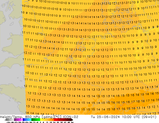 Height/Temp. 850 hPa ICON-D2 Di 25.06.2024 10 UTC