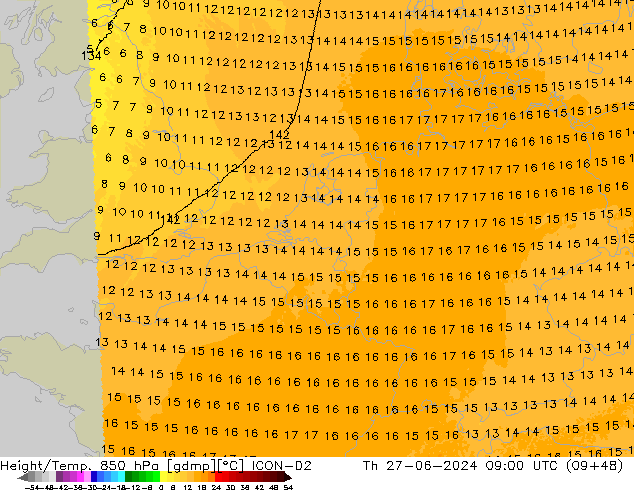 Height/Temp. 850 hPa ICON-D2 Th 27.06.2024 09 UTC