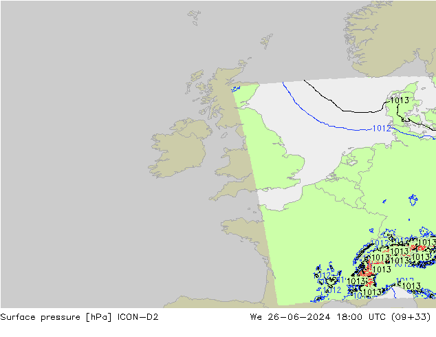 Presión superficial ICON-D2 mié 26.06.2024 18 UTC