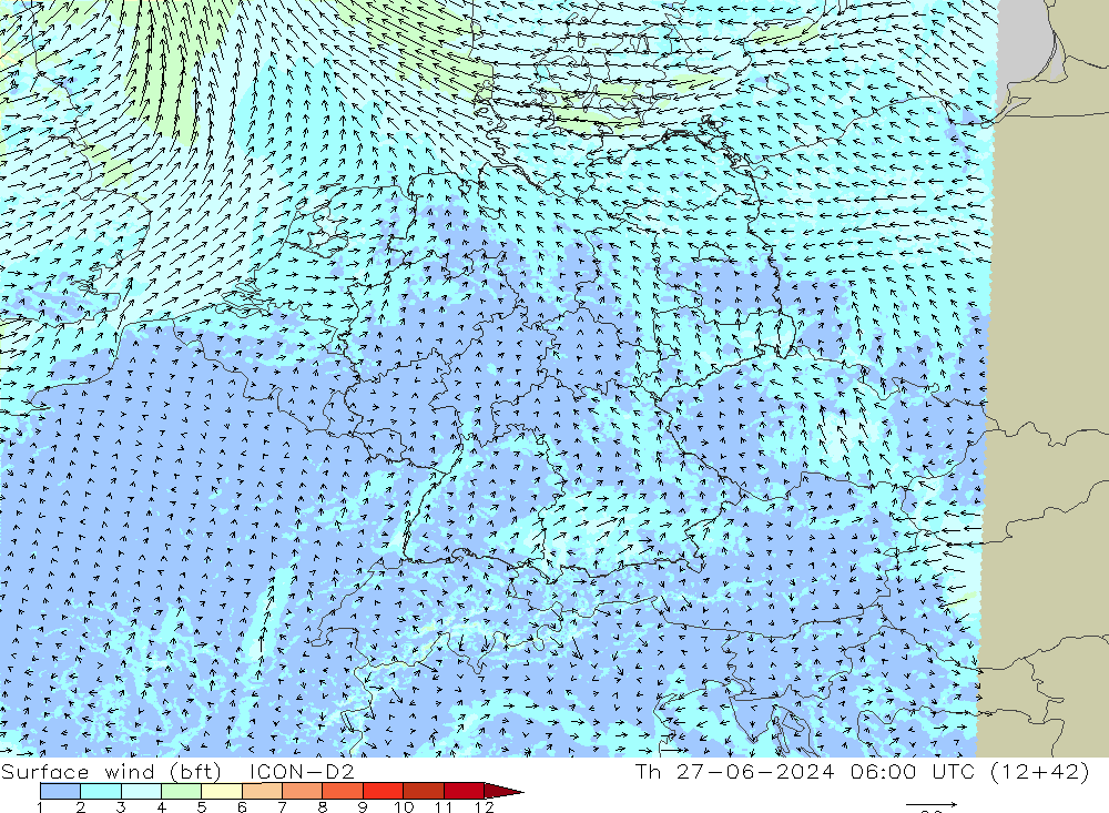 Surface wind (bft) ICON-D2 Th 27.06.2024 06 UTC