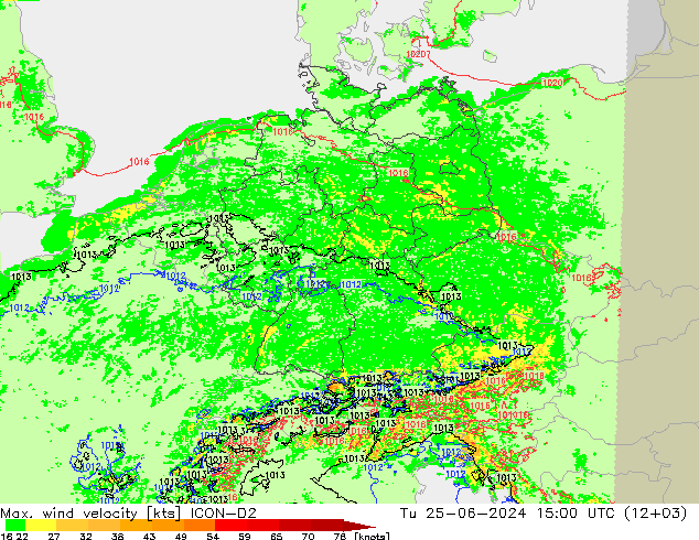 Max. wind velocity ICON-D2 Ter 25.06.2024 15 UTC