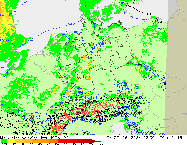 Max. wind snelheid ICON-D2 do 27.06.2024 12 UTC