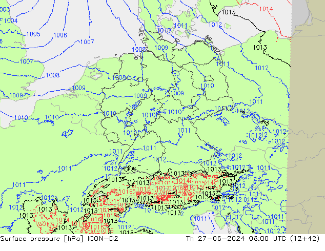 Surface pressure ICON-D2 Th 27.06.2024 06 UTC