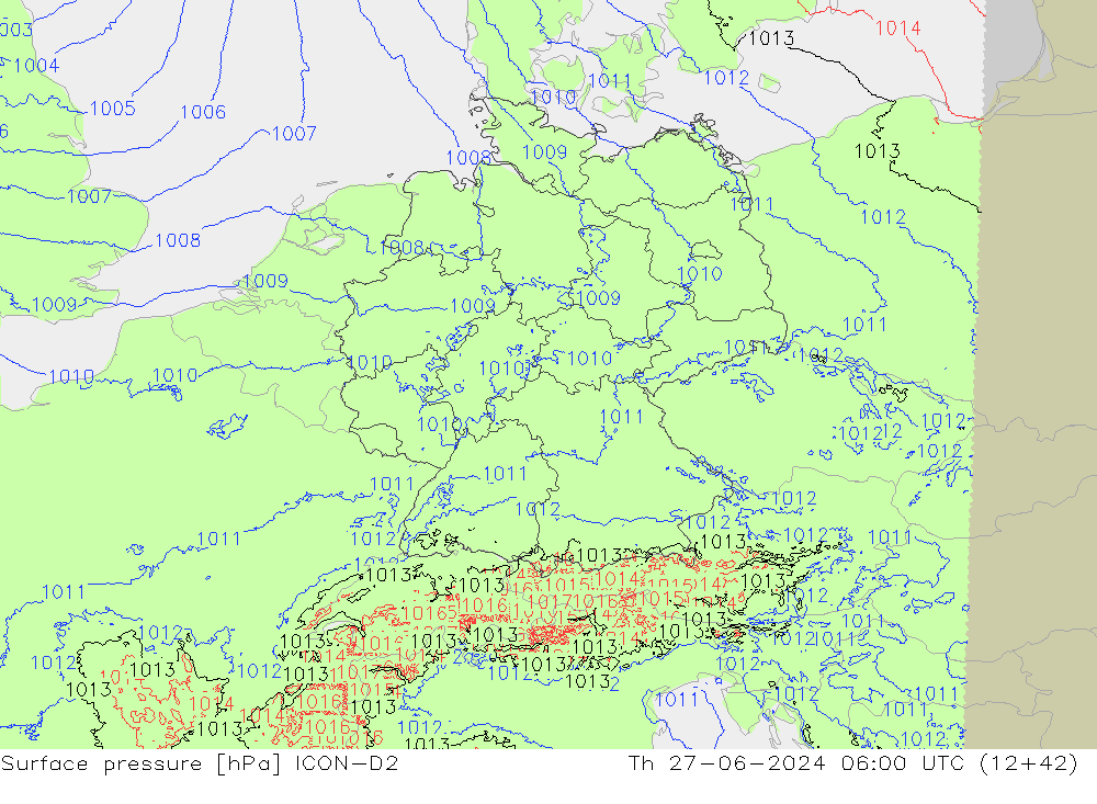 Pressione al suolo ICON-D2 gio 27.06.2024 06 UTC