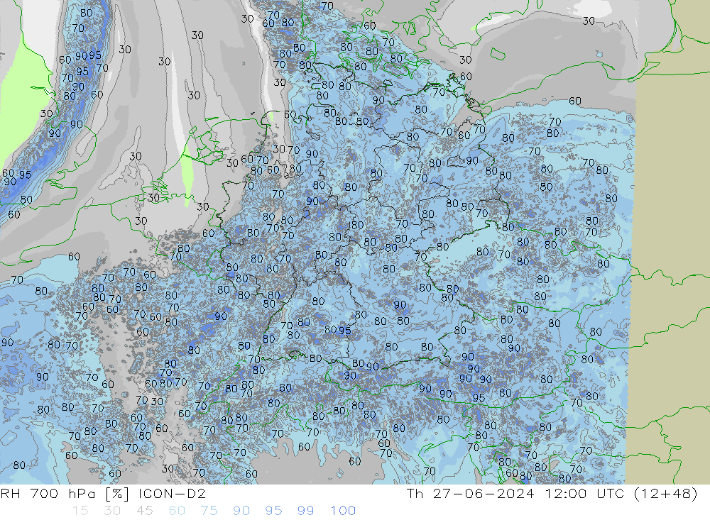 RH 700 hPa ICON-D2 Th 27.06.2024 12 UTC