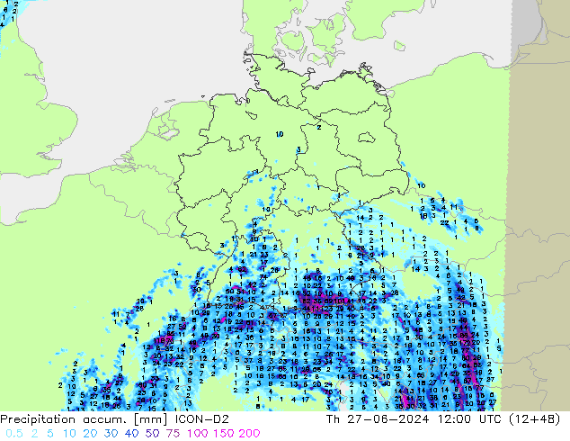 Precipitation accum. ICON-D2 Th 27.06.2024 12 UTC