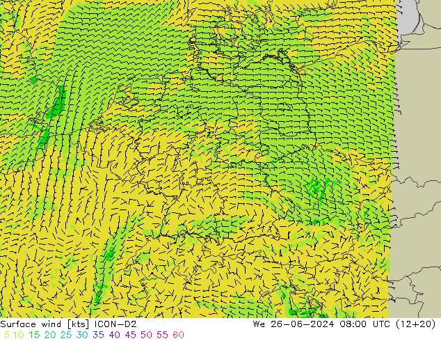 Surface wind ICON-D2 We 26.06.2024 08 UTC