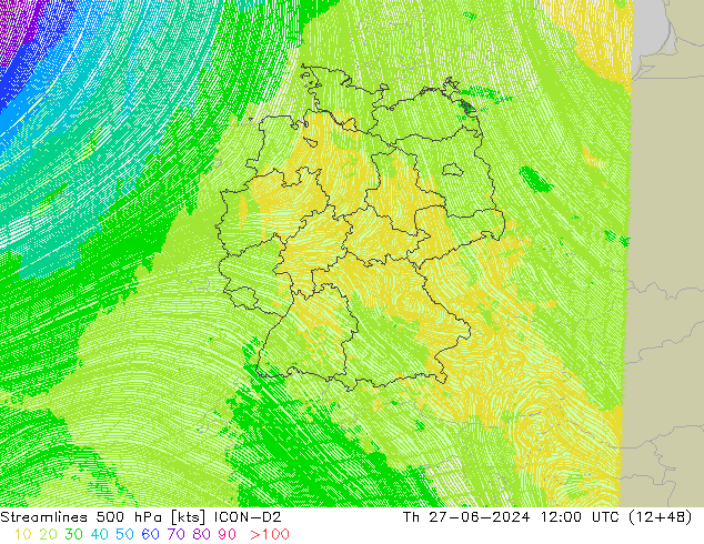 Ligne de courant 500 hPa ICON-D2 jeu 27.06.2024 12 UTC