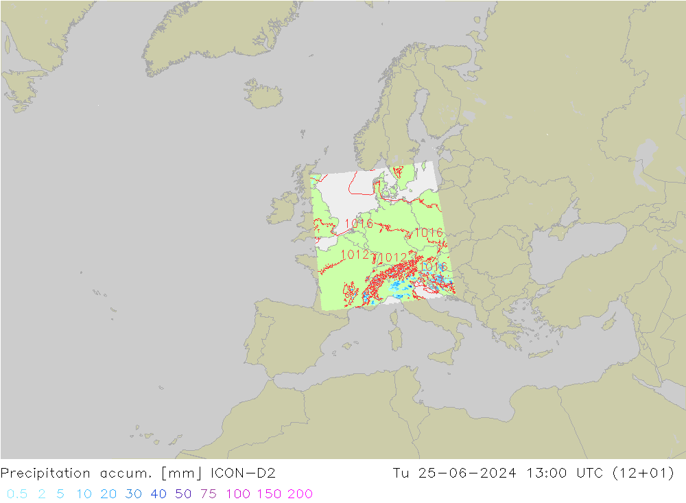 Precipitation accum. ICON-D2 Tu 25.06.2024 13 UTC