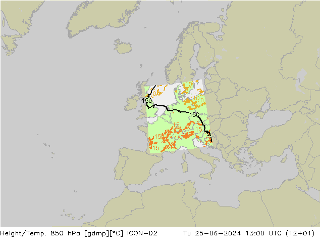 Height/Temp. 850 hPa ICON-D2 Tu 25.06.2024 13 UTC