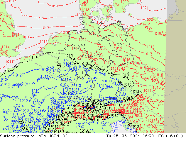 Surface pressure ICON-D2 Tu 25.06.2024 16 UTC