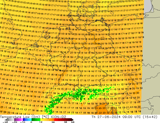 Tiefstwerte (2m) ICON-D2 Do 27.06.2024 09 UTC