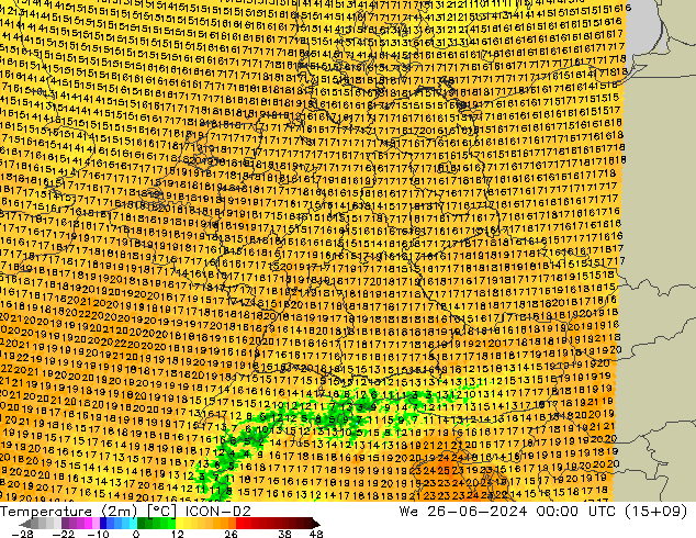 mapa temperatury (2m) ICON-D2 śro. 26.06.2024 00 UTC