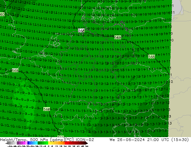 Height/Temp. 500 hPa ICON-D2 śro. 26.06.2024 21 UTC