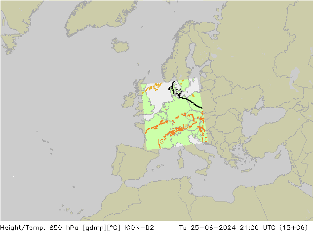 Height/Temp. 850 hPa ICON-D2 wto. 25.06.2024 21 UTC