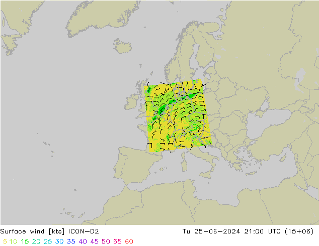 Vento 10 m ICON-D2 Ter 25.06.2024 21 UTC