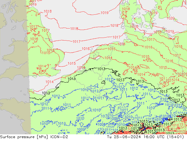 Presión superficial ICON-D2 mar 25.06.2024 16 UTC