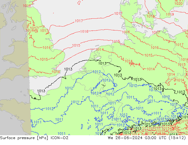 Surface pressure ICON-D2 We 26.06.2024 03 UTC