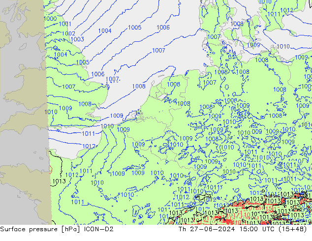 Surface pressure ICON-D2 Th 27.06.2024 15 UTC