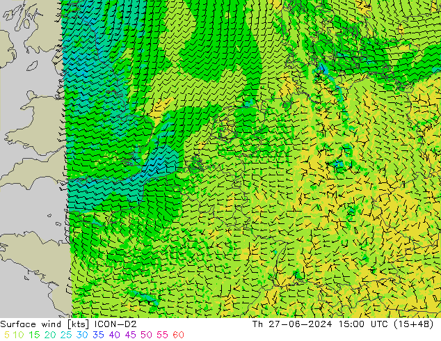 Surface wind ICON-D2 Th 27.06.2024 15 UTC