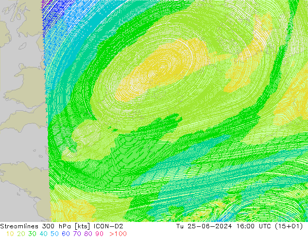 风 300 hPa ICON-D2 星期二 25.06.2024 16 UTC