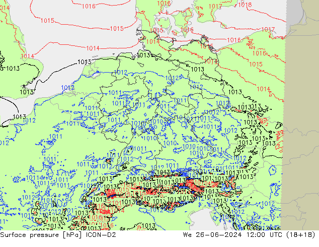 Atmosférický tlak ICON-D2 St 26.06.2024 12 UTC