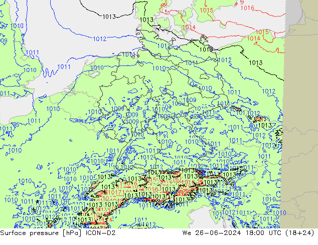 Atmosférický tlak ICON-D2 St 26.06.2024 18 UTC