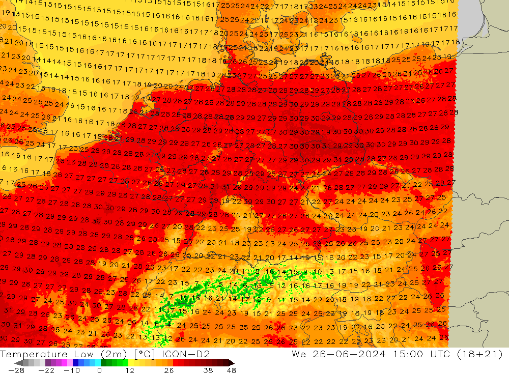 Minumum Değer (2m) ICON-D2 Çar 26.06.2024 15 UTC