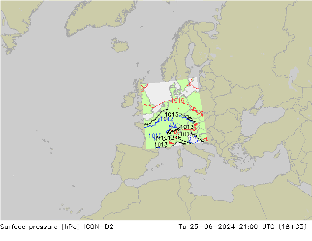 Surface pressure ICON-D2 Tu 25.06.2024 21 UTC