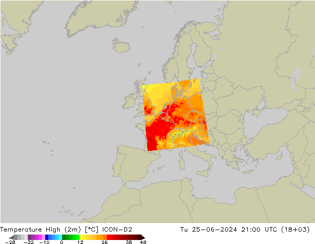 Höchstwerte (2m) ICON-D2 Di 25.06.2024 21 UTC