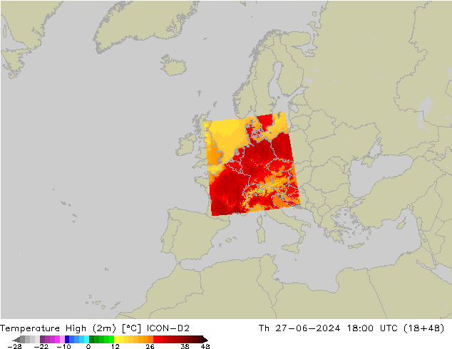 Max.temperatuur (2m) ICON-D2 do 27.06.2024 18 UTC