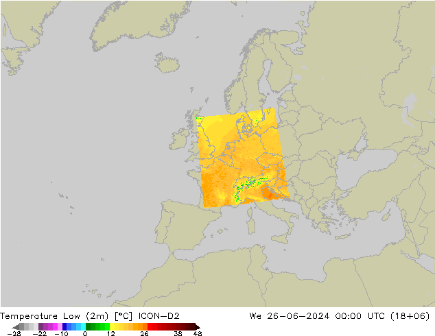 Temp. minima (2m) ICON-D2 mer 26.06.2024 00 UTC