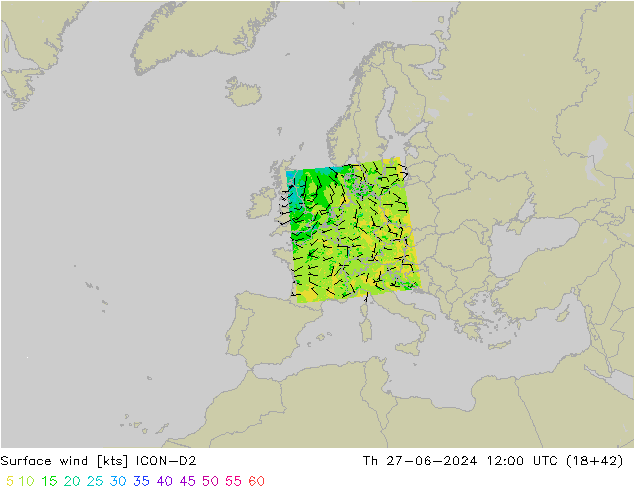 Surface wind ICON-D2 Th 27.06.2024 12 UTC