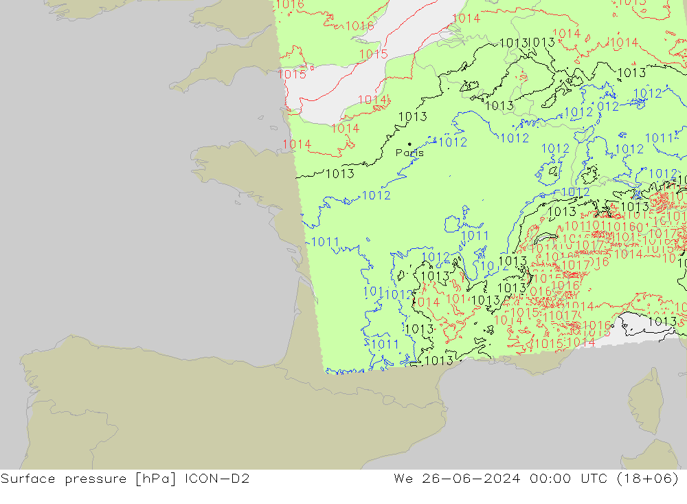 Surface pressure ICON-D2 We 26.06.2024 00 UTC