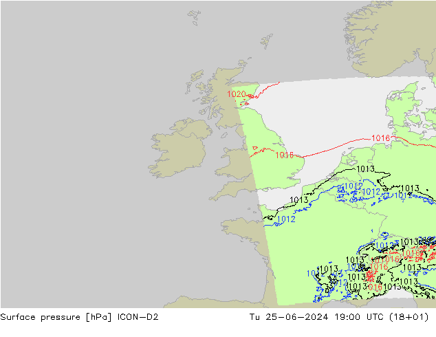 Surface pressure ICON-D2 Tu 25.06.2024 19 UTC