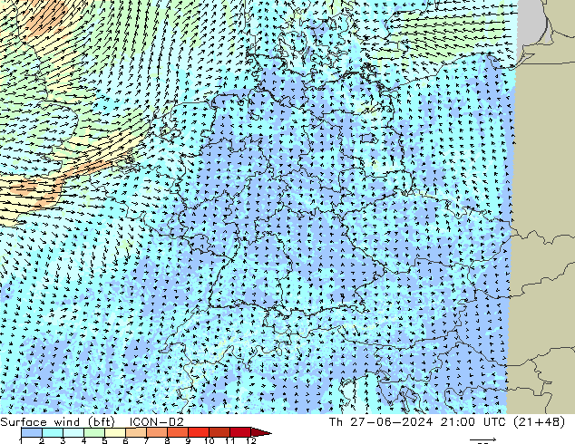 Wind 10 m (bft) ICON-D2 do 27.06.2024 21 UTC