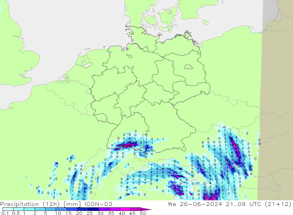 Totale neerslag (12h) ICON-D2 wo 26.06.2024 09 UTC