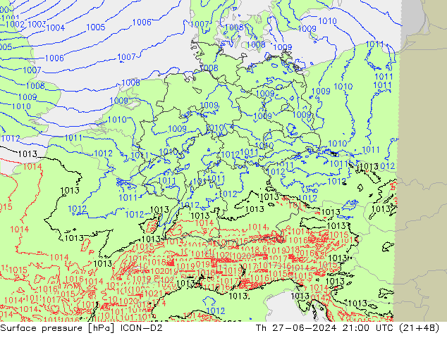Atmosférický tlak ICON-D2 Čt 27.06.2024 21 UTC