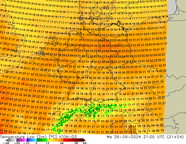 Min.temperatuur (2m) ICON-D2 wo 26.06.2024 21 UTC