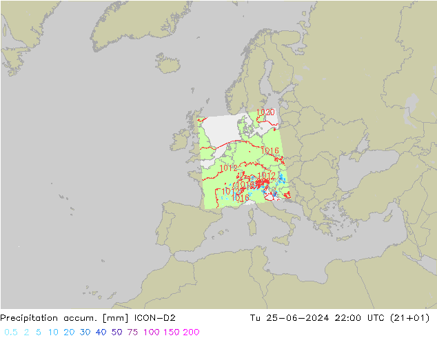 Precipitation accum. ICON-D2 星期二 25.06.2024 22 UTC
