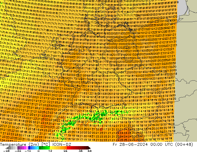 温度图 ICON-D2 星期五 28.06.2024 00 UTC