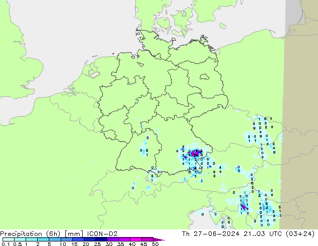 降水量 (6h) ICON-D2 星期四 27.06.2024 03 UTC