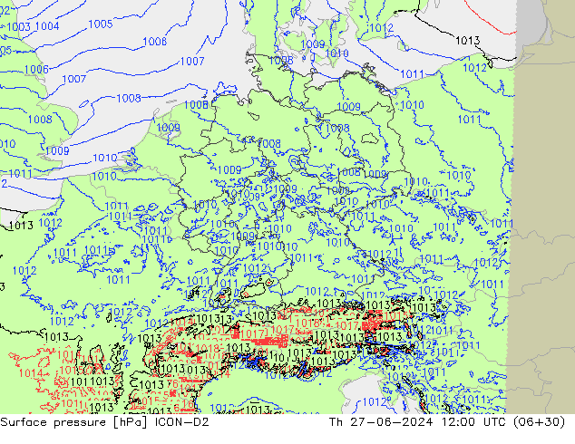 Luchtdruk (Grond) ICON-D2 do 27.06.2024 12 UTC