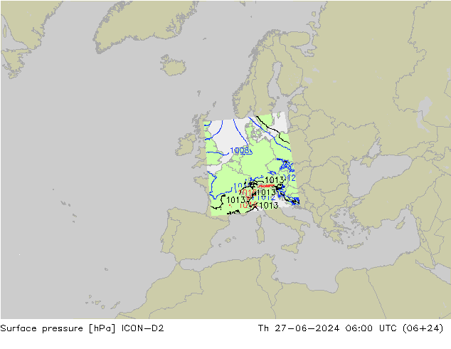 地面气压 ICON-D2 星期四 27.06.2024 06 UTC