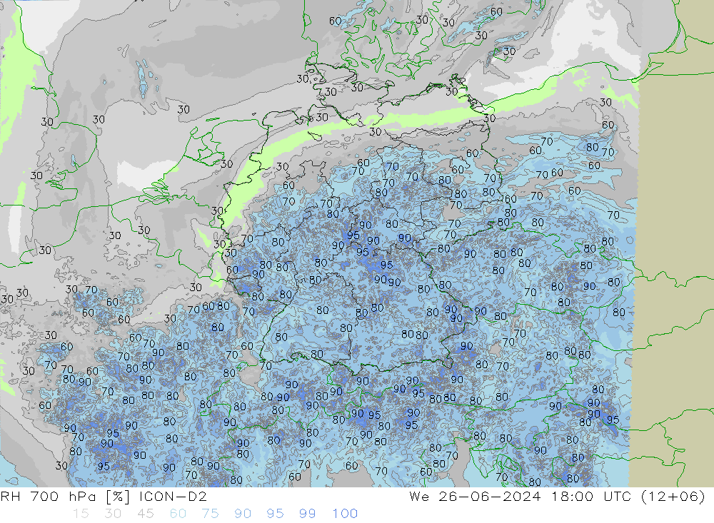 RH 700 hPa ICON-D2 Mi 26.06.2024 18 UTC